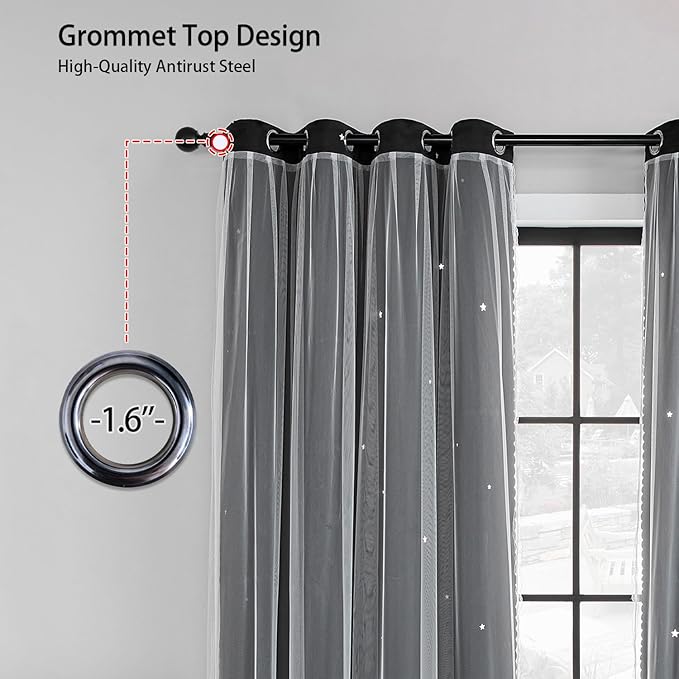 XiDi Black 63x34in Curtain for Bedroom, Girls Room Decor, Living Room, 1 Panel, Blackout Curtains with Laser Cutout Stars, Grommet Top, Washable