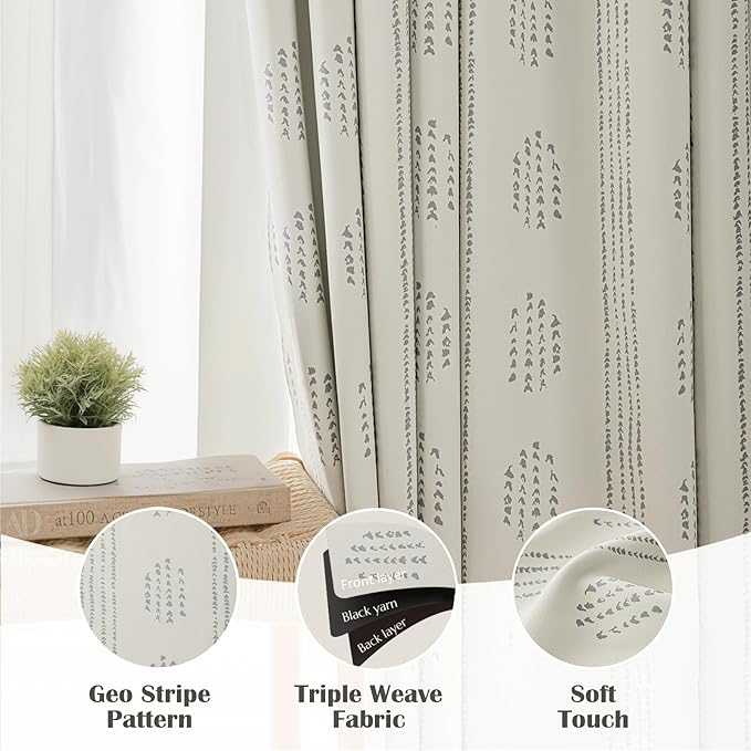 100% Boho Blackout Curtains 63 Inches Long for Bedroom, Grey on Beige Patterned Bohemian Curtains for Living Room, Geometric Striped Thermal Insulated Window Drapes Gromment Top 2 Panels