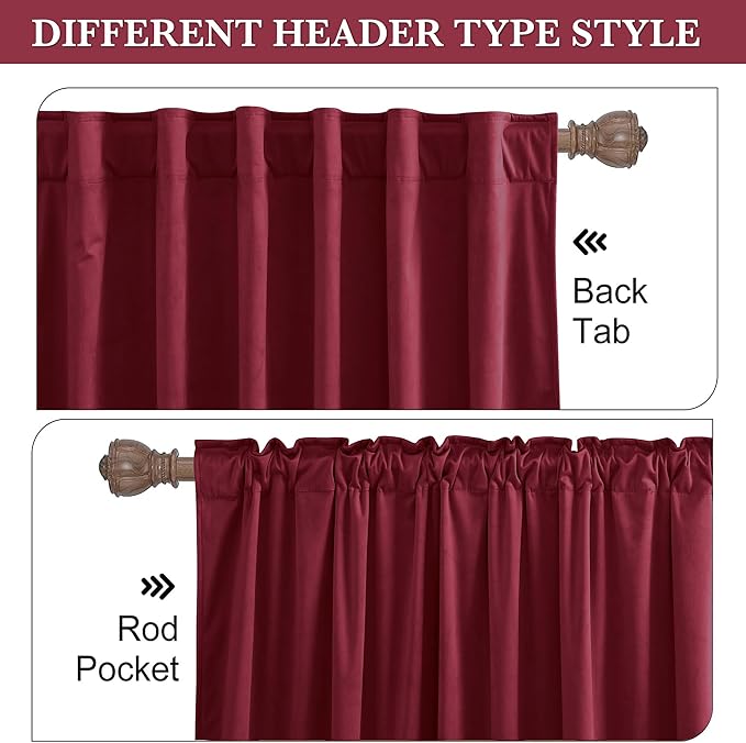 RYB HOME Burgundy Red Velvet Curtains for Christmas Decor, Soft Luxury Backdrops for Studio Theater, Back Tab Design for Bedroom Living Room, 52" W x L108 L, 2 Panels Set