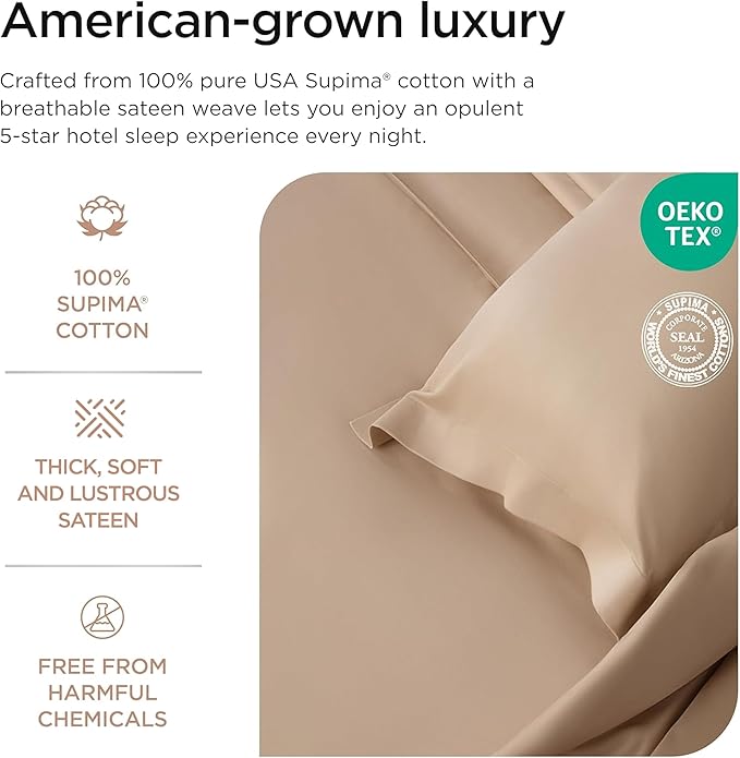 Threadmill Supima Cotton Sheets, 1200 Thread Count Soft 100% Cotton Sheets for Cal King Size Bed, 4 Pc Beige Cal King Bed Sheets Set, 5-Star Hotel Quality with Elasticized Deep Pocket King Sheet