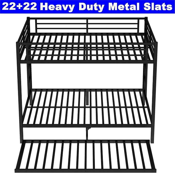 Upgraded Version Thicken Heavy Duty Metal Queen Bunk Bed with Twin Size Trundle, Modern Style Stronger Bunk Bed Frame for Adults, Easy Assembly (Queen Over Queen)