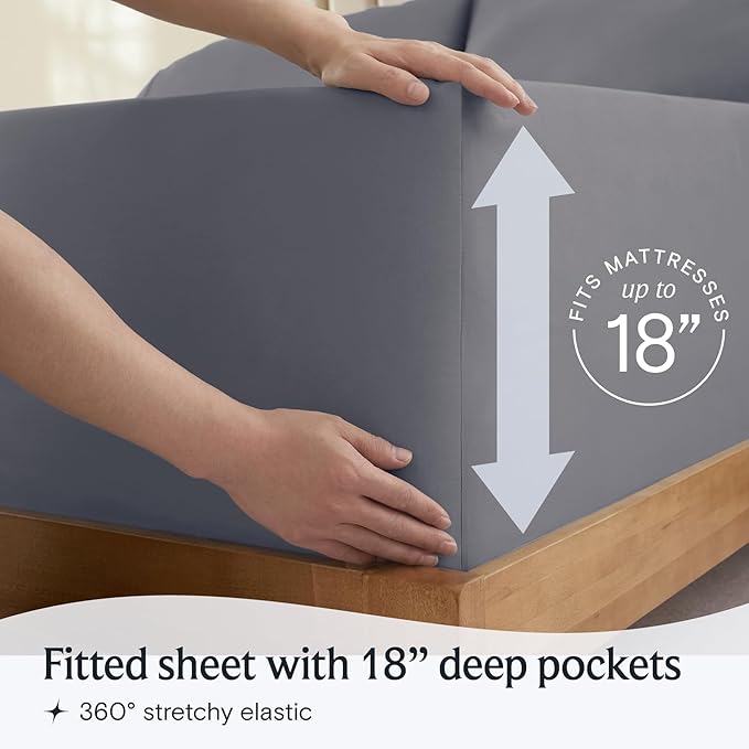 LuxClub 4 PC Extra Deep Pocket Split King Sheet Set, Wrinkle Free Cooling Bed Sheets Hotel Bedding for Women, Men, Includes 1 Fitted Sheet, 1 Flat Sheet and 2 Pillowcases- Light Grey