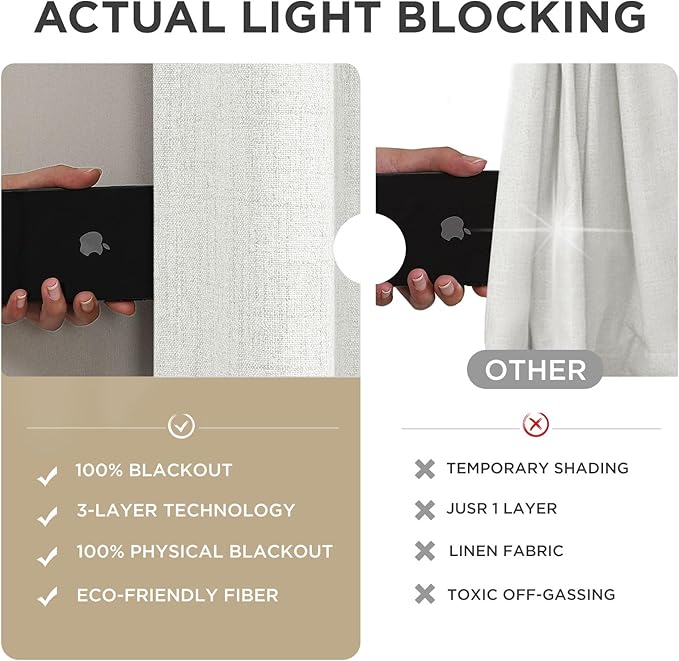 Joydeco Blackout Curtains for Bedroom - 100% Light Blocking 2 Panels Set White Drapes 42" W x 72" L, Thermal Insulated Room Darkening Curtains, Linen Textured for Living Room, Rod Pocket & Back Tabs