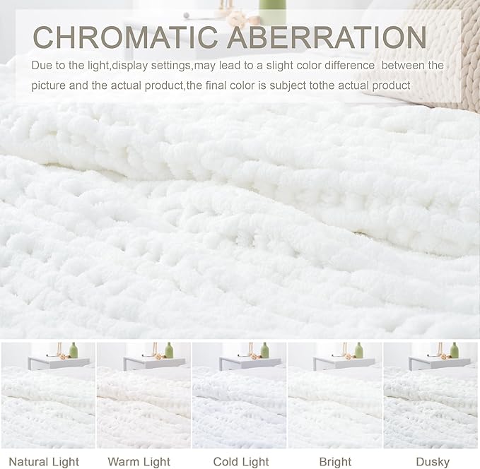 Chunky Knit Throw Blanket 60"X 80", 100% Handmade with Soft Chenille Yarn, 6.7lbs Thick Cable Knitted Blankets, Large Rope Knot Crochet Throws for Couch Sofa Bed Home Decor, Snow White