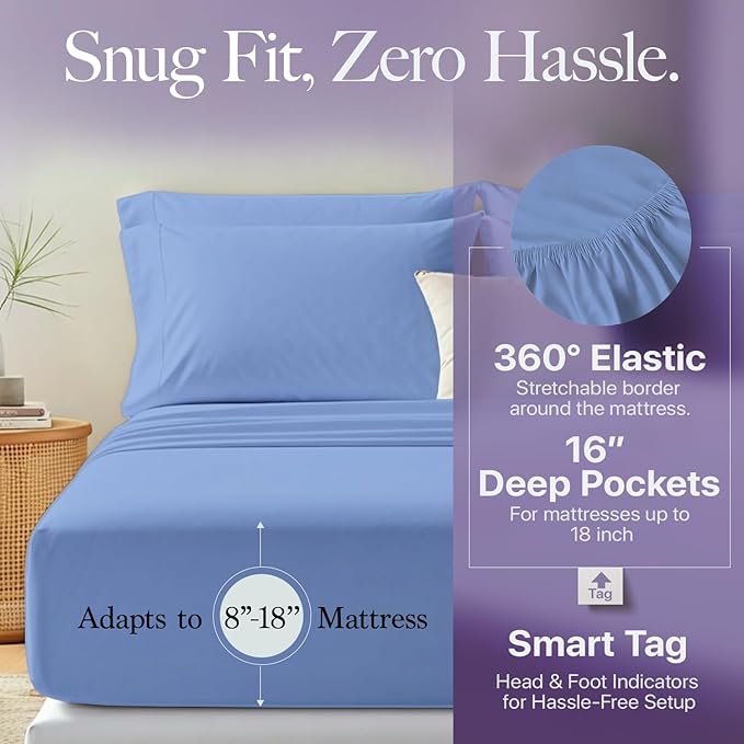 Carressa Linen 100% Egyptian Cotton Full Size Sheets - 600 Thread Count Full Size Egyptian Cotton Sheets (4 PC, Marine Blue), Soft, Cooling, 16" Deep Pocket Sateen Weave Luxury Hotel Bed Sheet Set