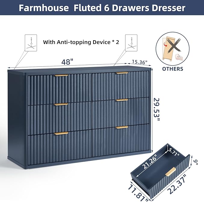 LEYAOYAO Fluted 6 Drawers Dresser Set of 2, 48" Wide Modern Chest of Drawers with Wood Grain Top, Curved Profile Design, Dresser TV Stand, Wooden Drawer Organizer for Bedroom, Living Room,Hallway,Blue