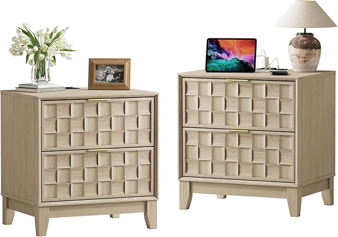 COLAMY Night Stand Set of 2, Nightstand with Charging Station, 22" Modern Bed Side Table with 2 Storage Drawers and Chessboard Relieffor Bedroom, Dorm and Small Spaces - Oak