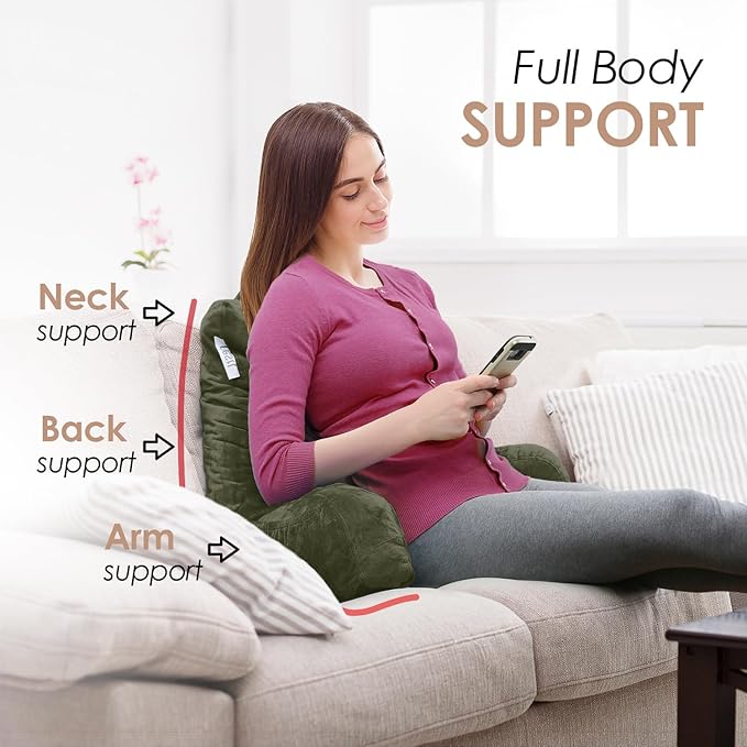 Nestl Reading Pillow for Kids & Teens with Shredded Memory Foam, Backrest Pillows for Reading, Watching, and Gaming, Use on the Couch, Bed, or Floor, Adjustable Support with Washable Cover Olive Green