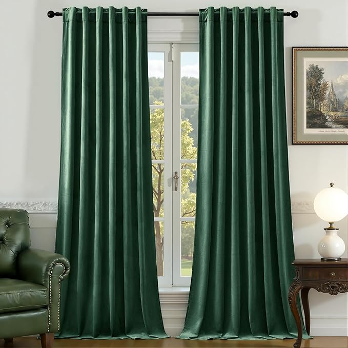 AUSSPVOCT Green Velvet Curtains 96 Inches for Bedroom, Thermal Insulated Super Soft Room Darkening Curtains Luxury Window Drapes for Dining Room, Back Tab Rod Pocket, W52 x L96, Dark Green, 2 Panels