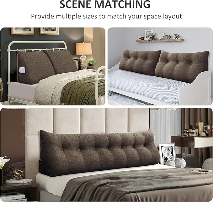 homecozy Wedge Headboard Pillow Dorm Room Reading Pillow Back Support for Sitting Up in Bed Bolster Lumbar Cushion Body Positioning Bedrest Cotton Linen 54in Coffee Full