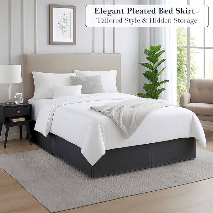Twin Bed Skirt, Luxury 14 Inch Drop Dark Grey Pleated Bed Skirt, Double Brushed Microfiber, Box Pleat Design, Wrinkle & Fade Resistant, Easy Fit Tailored Bedskirt for Twin Size Beds