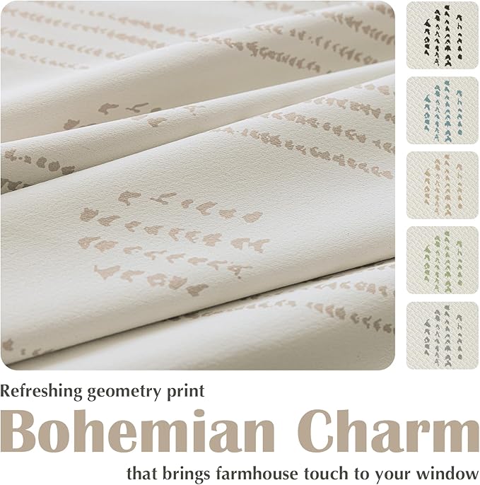 100% Boho Blackout Curtains 63 Inches Long for Bedroom, Taupe on Beige Patterned Bohemian Curtains for Living Room, Geometric Striped Thermal Insulated Window Drapes Gromment Top 2 Panels