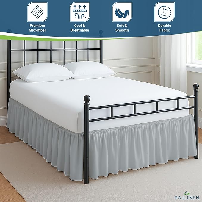 Rajlinen Ruffled Bed Skirt Twin XL, 16 Inch Drop Dust Ruffle with Split Corners, 100% Microfiber Bedskirt with Platform, Three-Sided Coverage Ruffled Gathering Design, Light Grey