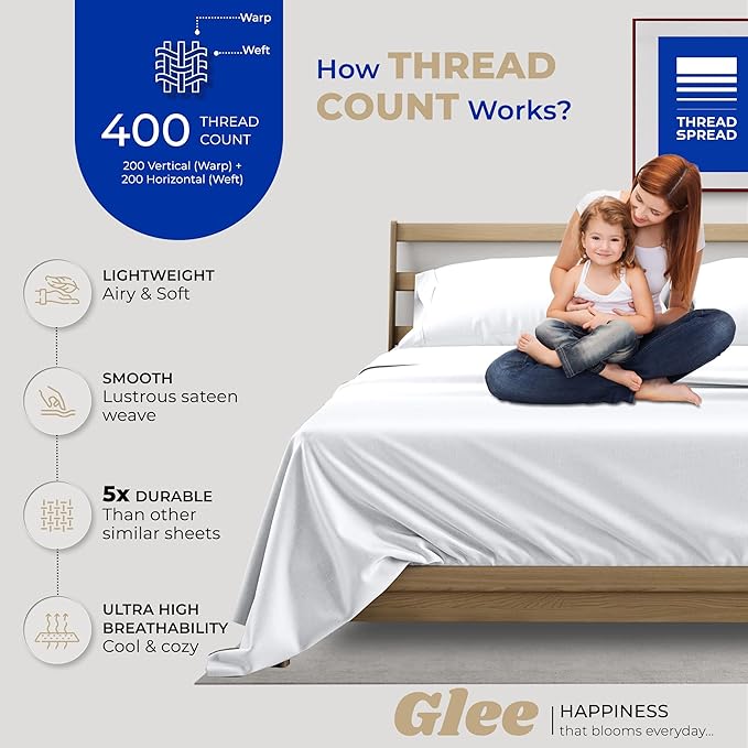 THREAD SPREAD 100% Cotton Sheets Full Size Set - 400 Thread Count 4 PC Full Size Sheet Sets Cotton, (White), Ultra Soft, Breathable, Cooling, Sateen Weave 16" Deep Pocket Bedsheet for Hot Sleepers
