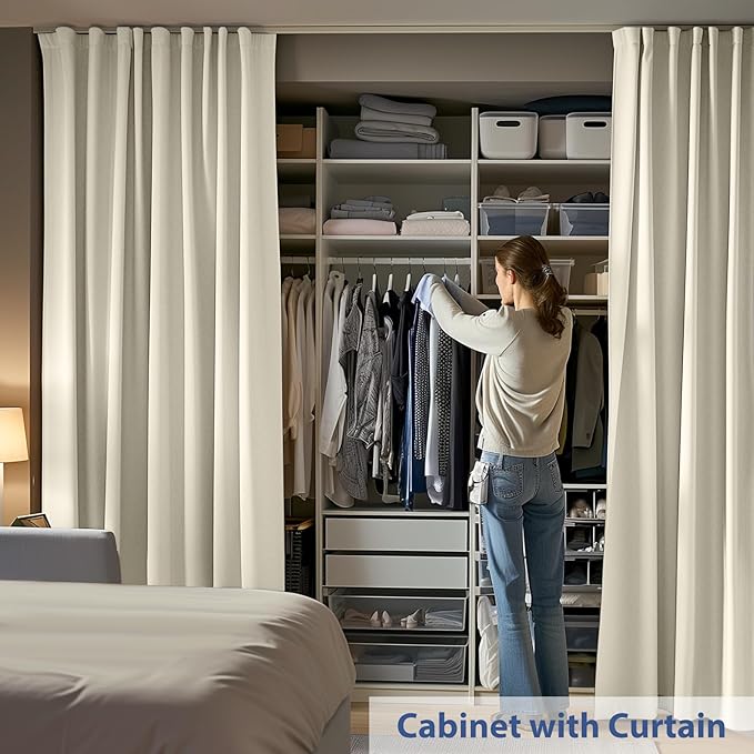 Room Divider Ceiling Mounted Curtains Track Sets Extra Wide Blackout Curtain Flexible Tracks for Bedroom Privacy Partition Separator, 1 Panel Beige Drape and White Rail, W10 x H7ft
