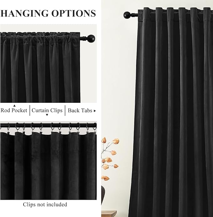 AUSSPVOCT 90 Inch Long Velvet Curtains for Living Room, Light Reducing Thermal Curtain Back Tab & Rod Pocket Elegant Soundproof Soft Room Darkening Window Drapes for Bedroom, W52 x L90, Black, 2 Pcs