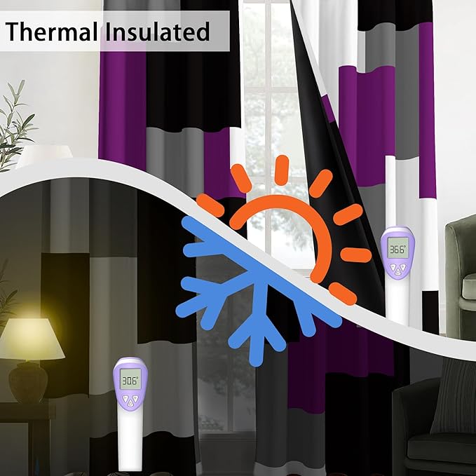 Purple 100% Blackout Curtains for Bedroom 63 inch Length 2 Panels Set Black Grey Modern Abstract Geometric Black Out Curtains Insulated Room Darkening Window Drapes for Living Room, 52Wx63L