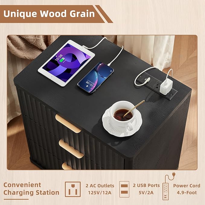 LEYAOYAO Fluted Dressers & Nightstand Set of 4, Wood 48" Wide Dresser & 42" Tall Chest of Drawers,Modern Bedroom Furniture Sets, Black Wooden Nightstand Set of 2 with 3 Drawers & Charging Station