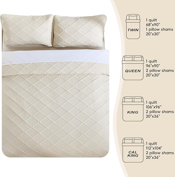 Yiran Quilt King Size Beige Summer Bedspreads Bedding Set 3 Pieces Thin Lightweight Microfiber Coverlet with 2 Pillow Shams for All Season
