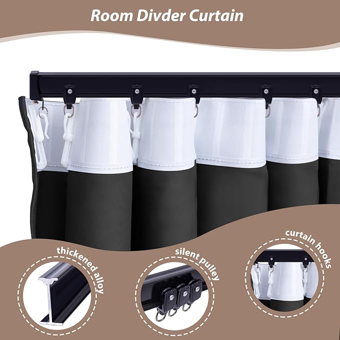 Room Divider Curtains with Ceiling Curtain Track Set Window Curtain for Bedroom,Living Room Total Blackout Thermal Insulated Privacy Ceiling Track Curtain W 9 × H 9 FT Black drape&Black track