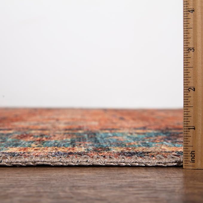 Bloom Rugs Washable Non-Slip 8' x 10' Rug - Orange/Teal Blue Traditional Bordered Area Rug for Living Room, Bedroom, Dining Room, and Kitchen - Exact Size: 8' x 10'