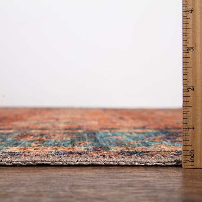 Bloom Rugs Washable Non-Slip 6' x 9' Rug - Orange/Teal Blue Traditional Bordered Area Rug for Living Room, Bedroom, Dining Room, and Kitchen - Exact Size: 6' x 9'