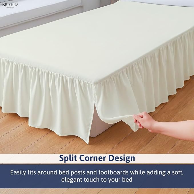 KRISHNA Ruffled Bed Skirt with Split Corners Full, 100% Microfiber Hotel Quality, 28 Inch Drop Dust Ruffle Gathered Bedskirt with Platform, 54" x 75", Ivory