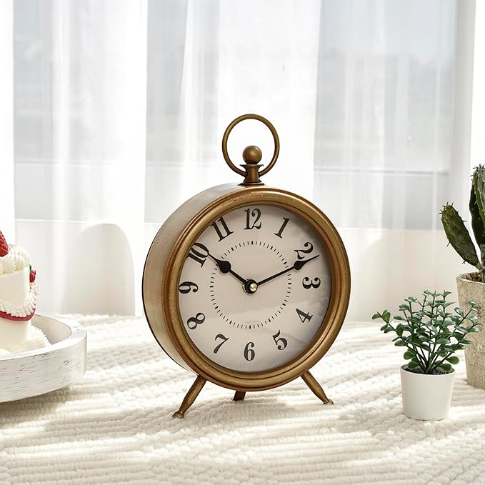 Antique Gold Finish Mantel Clock – Vintage Gold Table Clock on Stand, Decorative Desk and Shelf Clock, Rustic Mantel Clock Non-Ticking 10.3 * 7.3 inch