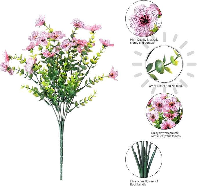 HyeFlora Artificial Flowers for Outdoor Indoor Garden Home Decoration, Faux Flower Daisy with Eucalyptus Leaves Fake Plants Greenery Boxwood Porch Patio, 12 Bundles (Pink)