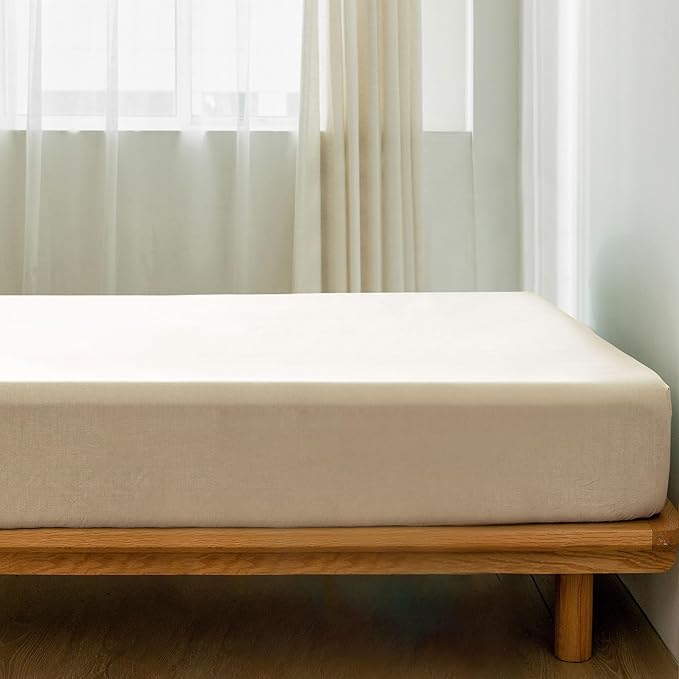 MooMee Fitted Bottom Sheet Only 100% Washed Cotton Linen Like Textured Breathable Durable Soft Comfy Deep Pocket Fits Mattress up to 17" (Almond Milk Grey, Twin)