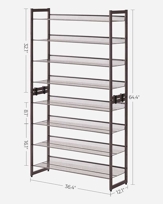 SONGMICS Shoe Rack, 8-Tier Shoe Organizer, Metal Rack for Garage, Set of 2, 4-Tier Stackable Shelf, with Adjustable Flat or Angled Shelves, 32-40 Pairs, Bronze ULMR08A