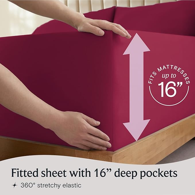LuxClub 5 PC Split King Sheet Set, Deep Pockets Wrinkle Free Cooling Bed Sheets Hotel Bedding for Women, Men, Includes 2 Fitted Sheet, 1 Flat Sheet and 2 PillowcasesBurgundy