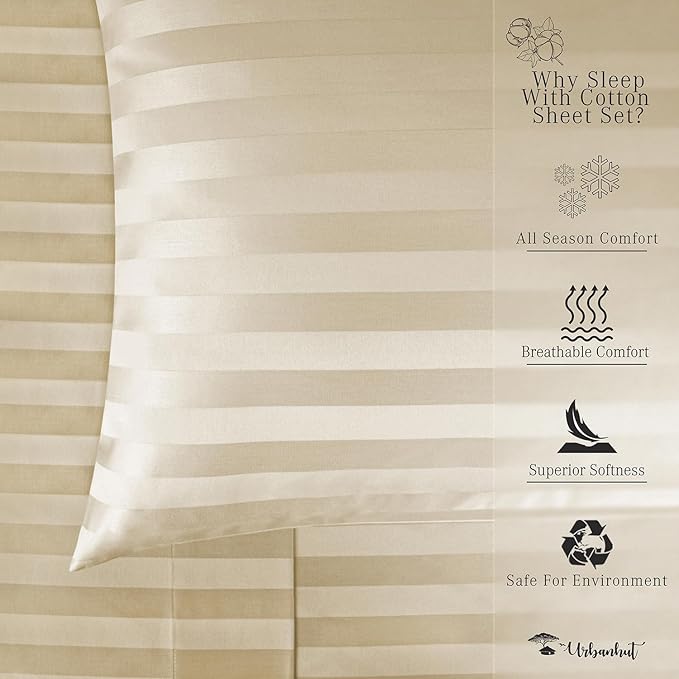 URBANHUT 800 Thread Count 100% Cotton Damask Twin Size Sheets, 4 Piece Striped Twin Size Bedsheets, Luxury Hotel Sheets Sateen Weave - Better Than Egyptian, 14" Elasticized Deep Pocket- Sand