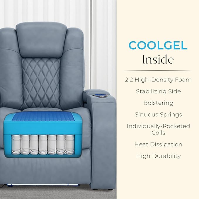 Seatcraft Diamante Zero-Gravity CoolZero Italian Leather Home Theater Seating, Power Headrest, Power Recline, Row of 2 Loveseat, Smokey Blue