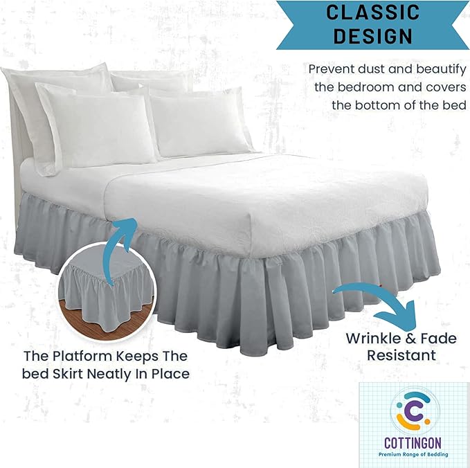 Ruffled Bed Skirt with Split Corners-Dust Ruffle - 14" Drop 100% Microfiber Soft,Sheen & Luxurious Look - Bed Skirts (Light Grey -Twin)