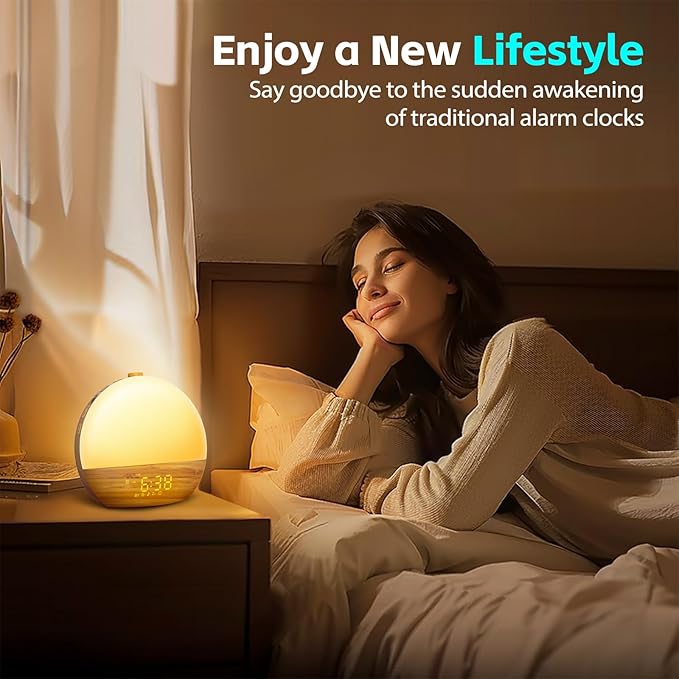 Wood Grain White Noise Sound Machine Sunrise Alarm Clock with 25 Soothing Sounds, 17 Dimmable Night Lights, Bluetooth Speaker Wake Up Light alarm clocks for bedrooms, Heavy Sleepers, Baby, Kids