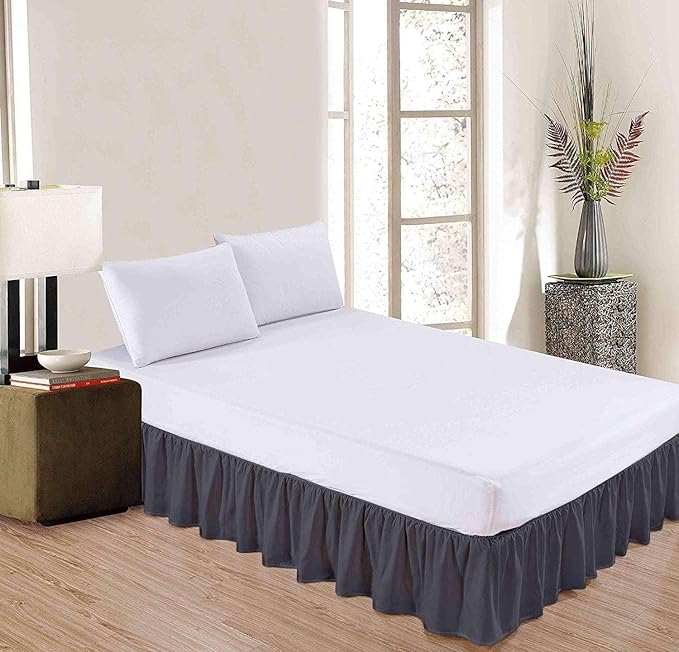Dark Grey Solid Ruffled Bed Skirt Full-XL-12 Inch Drop Split Corner, Microfiber Bedskirt with Platform Three Sided Coverage