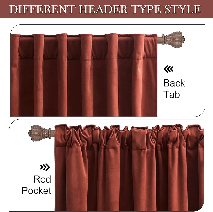 RYB Home Rust Red Velvet Curtains 84 inches Long, Thermal Insulated Panel for Bedroom Room Darkening Window Treatment for Holiday Backdrop Privacy Drapes for Guest Room, W52 x L84, 2 Panels