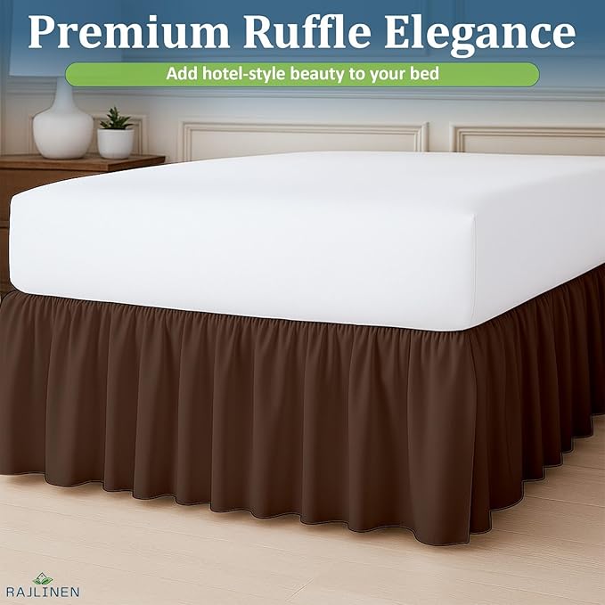 Rajlinen Ruffled Bed Skirt Twin, 14 Inch Drop Dust Ruffle with Split Corners, 100% Microfiber Bedskirt with Platform, Three-Sided Coverage Ruffled Gathering Design, Chocolate