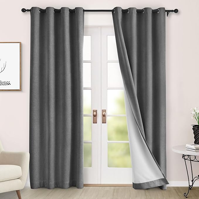 Macochico 100% Blackout Chenille Curtains Thermal Insulated Noise Reducing Velvet Draperies for Living Room Bedroom Hotel Dark Grey Blackout Curtains Grommet Top with Tieback 84" Wx84 L 1 Panel