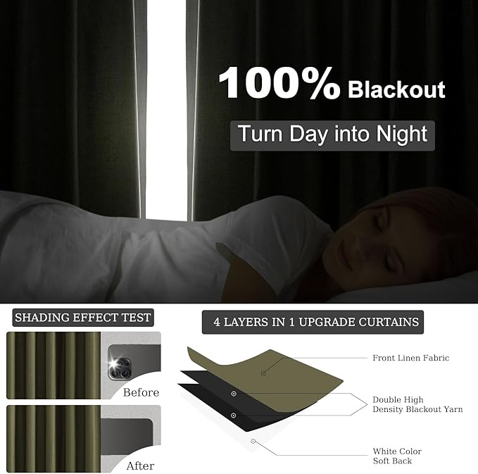 Topfinel Olive Green 105 Inches Long Custom Black Out Faux Thick Linen Curtains, Pinch Pleated Heat Reflective Curtains with Pin Hooks, Luxury Lined Back Tab Drapes 2 Panels for Living Room