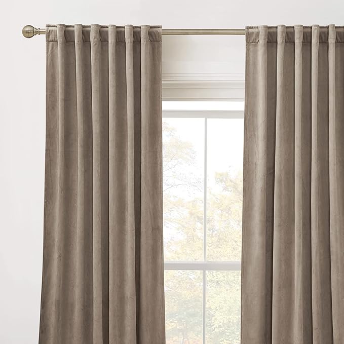 RYB HOME 72 inches Velvet Curtains for Farmhouse - Earth Tone Privacy Blackout Energy Efficient Window Treatment for Home Office Closet Cover, W52 x L72 inches, Taupe, 2 Pieces
