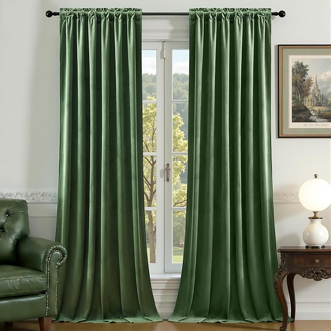 Olive Green Velvet Curtains 108 Inches Long for Bedroom, Luxury Room Darkening Thermal Insulated Blackout Curtains Luxury Window Drapes for Living Room, Back Tab Rod Pocket, W52 x L108, 2 Panels