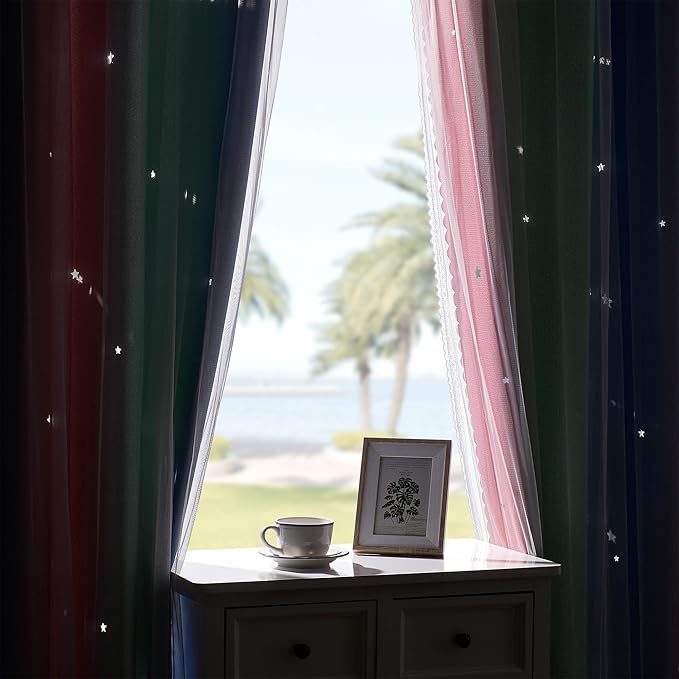 XiDi Pink & Rainbow Curtains for Kids & Girl Bedrooms - Blackout, Unicorn Wall Decals, 52x63 Inch