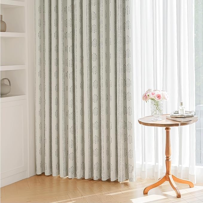100% Boho Blackout Curtains 96 Inches Long for Bedroom, Grey on Beige Patterned Bohemian Curtains for Living Room, Geometric Striped Thermal Insulated Window Drapes Gromment Top 2 Panels