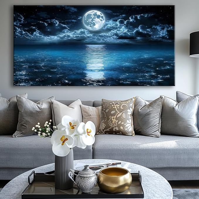 Big Moon Canvas Wall Art - Modern Seascape Paintings for Living Room, Bedroom Wall Decor, Framed Wall Art for Home or Office Decoration, Large Art 60x120cm(24x48in)