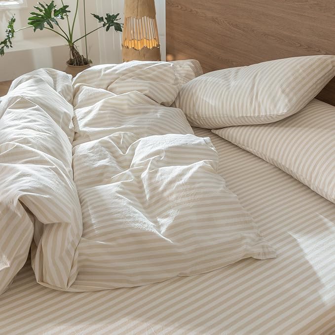 MooMee Striped Duvet Cover Set 100% Washed Cotton Linen Like Textured Breathable Durable Soft Comfy (Almond Milk Grey Classic Stripes, Oversized Full 82"x86")