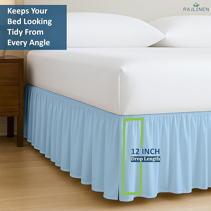 Rajlinen Ruffled Bed Skirt Full, 12 Inch Drop Dust Ruffle with Split Corners, 100% Microfiber Bedskirt with Platform, Three-Sided Coverage Ruffled Gathering Design, Light Blue