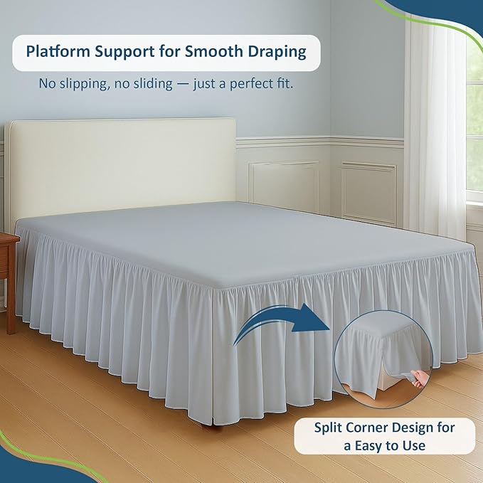 Rajlinen Ruffled Bed Skirt Full, 8 Inch Drop Dust Ruffle with Split Corners, 100% Microfiber Bedskirt with Platform, Three-Sided Coverage Ruffled Gathering Design, Light Grey