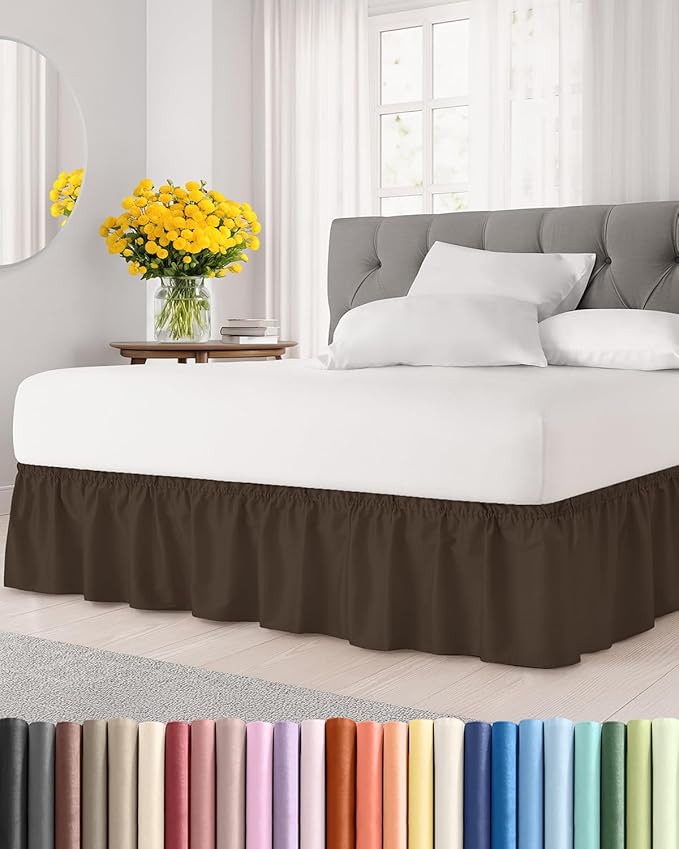 Wrap Around Dust Ruffle Bed Skirt - Brown - Twin/Twin XL Size Beds with 15 Inch Drop - Easy Fit Elastic Strap - Adjustable Pleated Bedskirt w/Brushed Fabric - Wrinkle Free - Women, Men, Kids & Teens